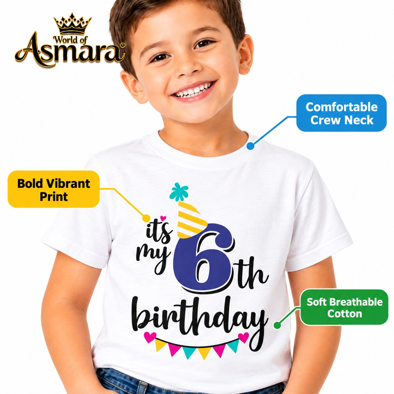 Close-up of It's My 6th Birthday print on soft cotton T-shirt