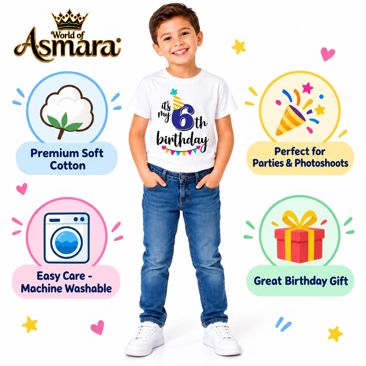 World of Asmara 6th birthday T-shirt features: soft cotton, machine washable, great gift