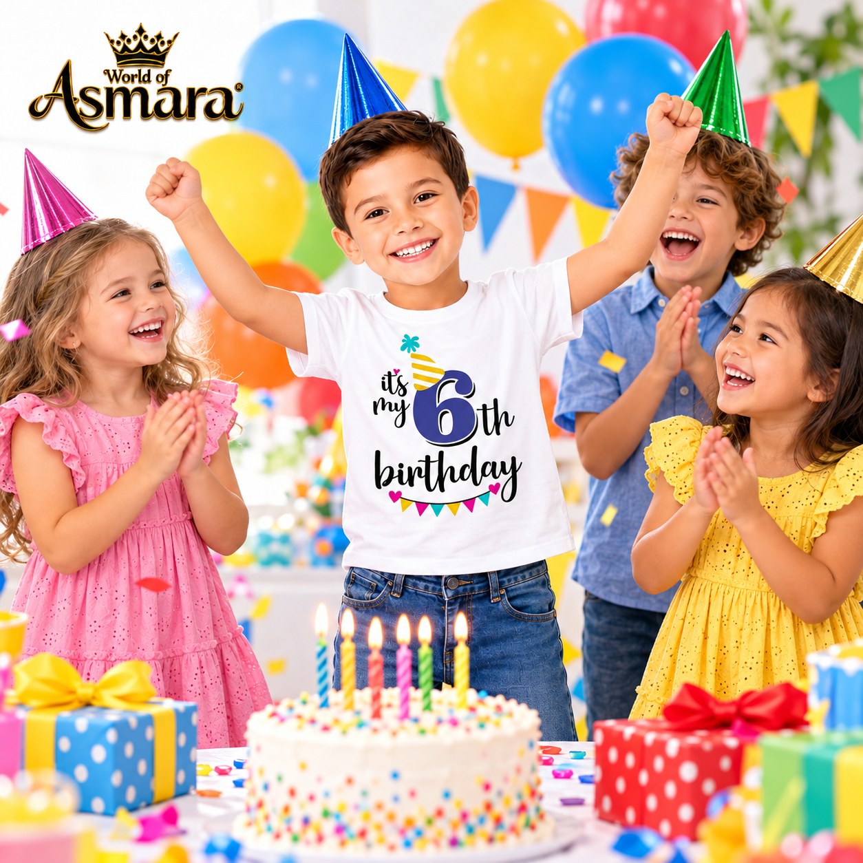 Boy celebrating 6th birthday with friends in World of Asmara T-shirt