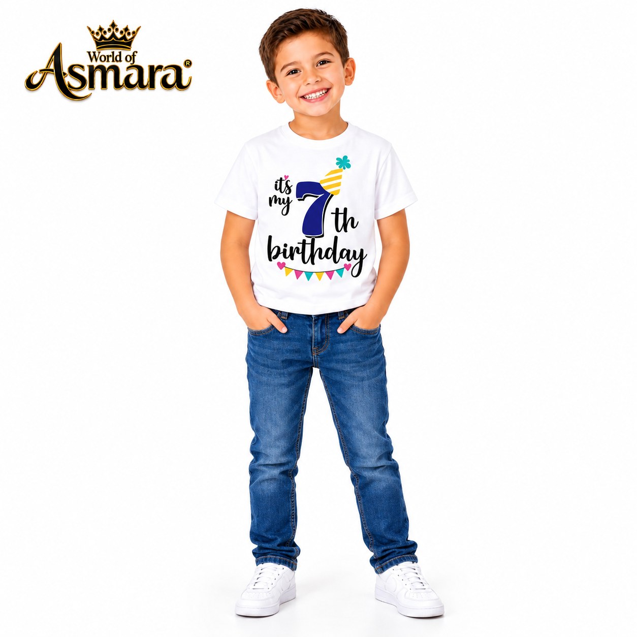 World of Asmara It's My 7th Birthday white T-shirt for boys, 7 years old model in blue jeans