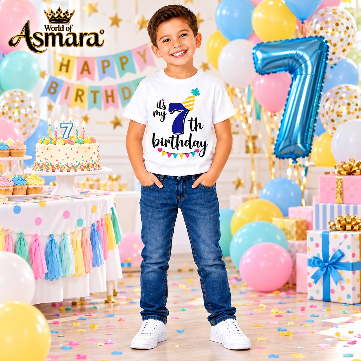 Boy wearing World of Asmara 7th birthday T-shirt at a birthday party