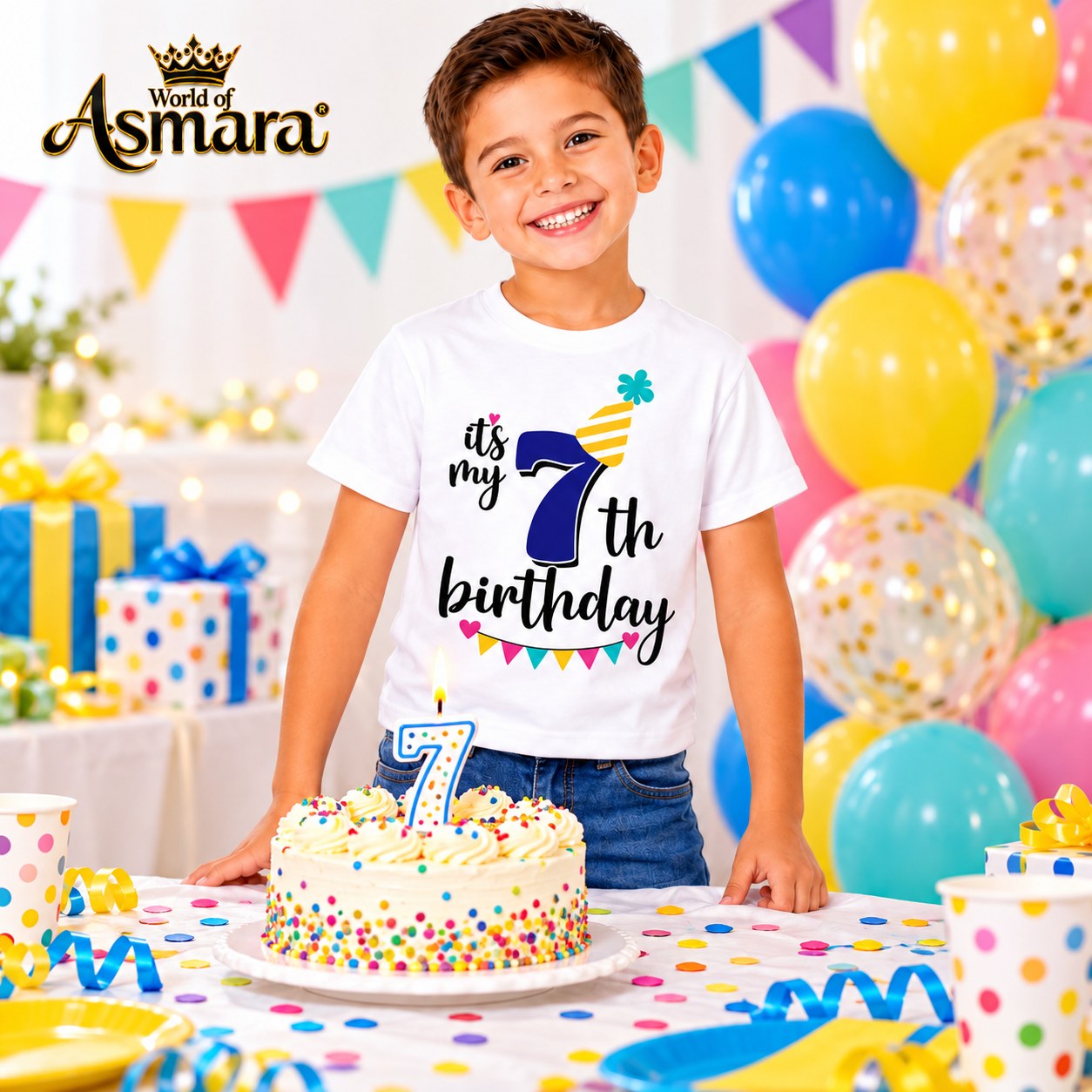 7 years old boy in 7th birthday T-shirt next to birthday cake