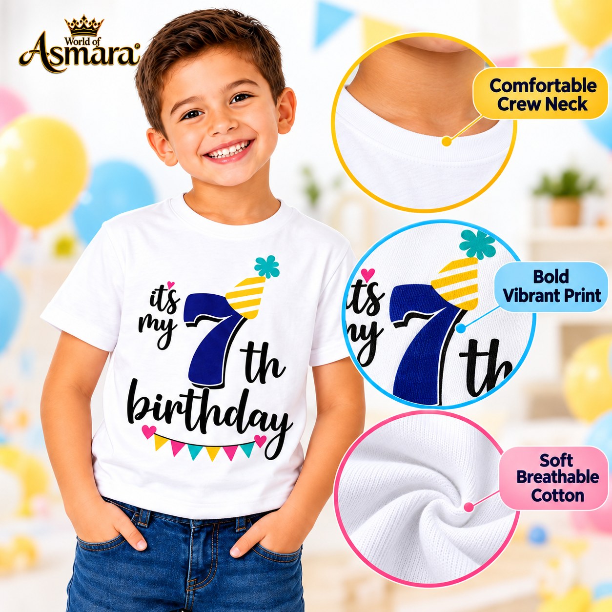 Close-up of It's My 7th Birthday print on soft cotton T-shirt