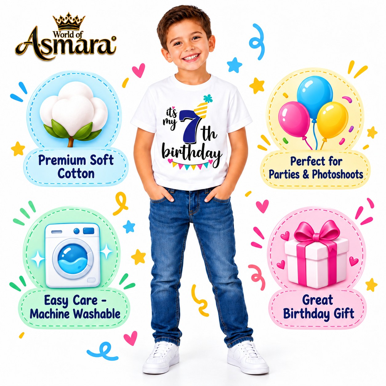 World of Asmara 7th birthday T-shirt features: soft cotton, machine washable, great gift