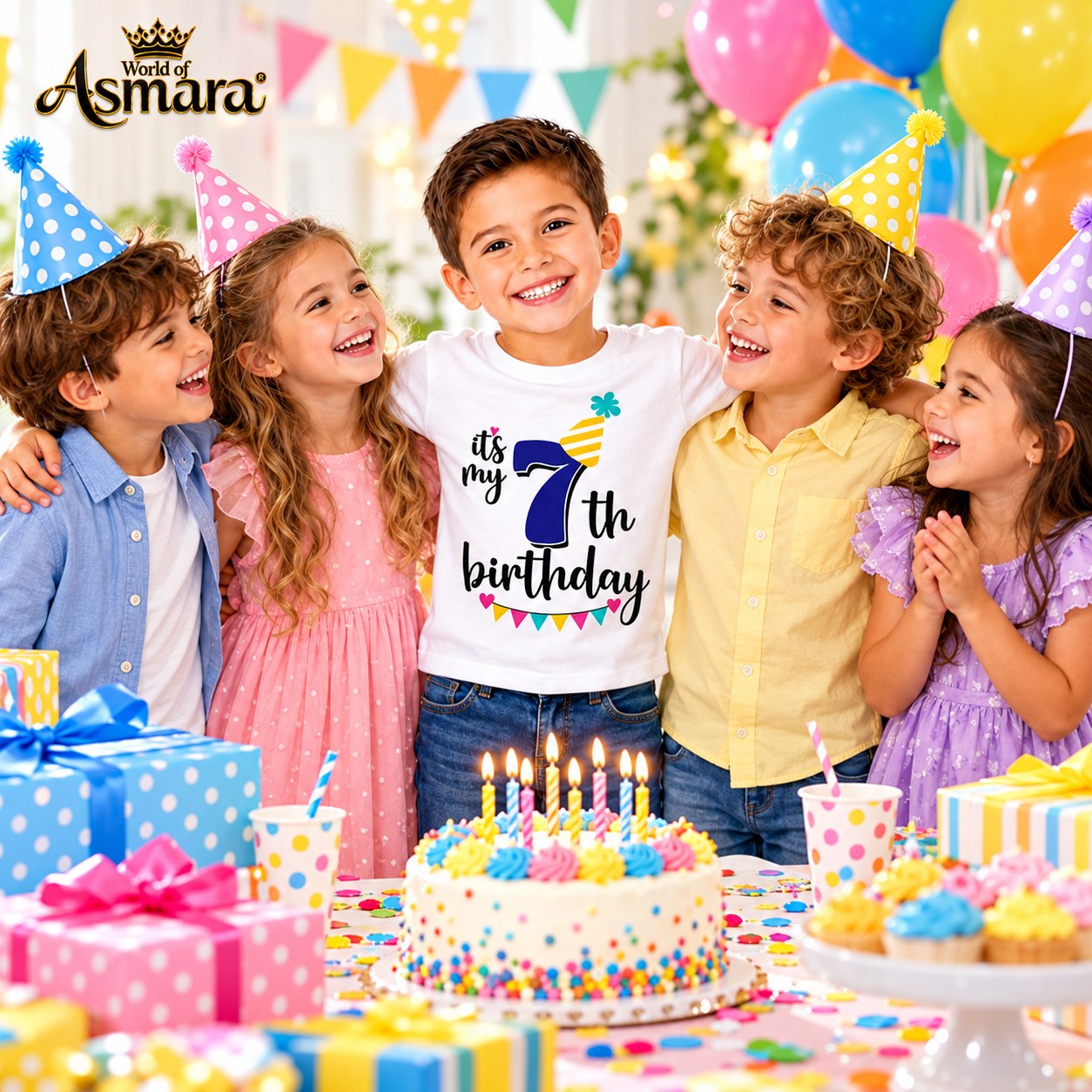 Boy celebrating 7th birthday with friends in World of Asmara T-shirt