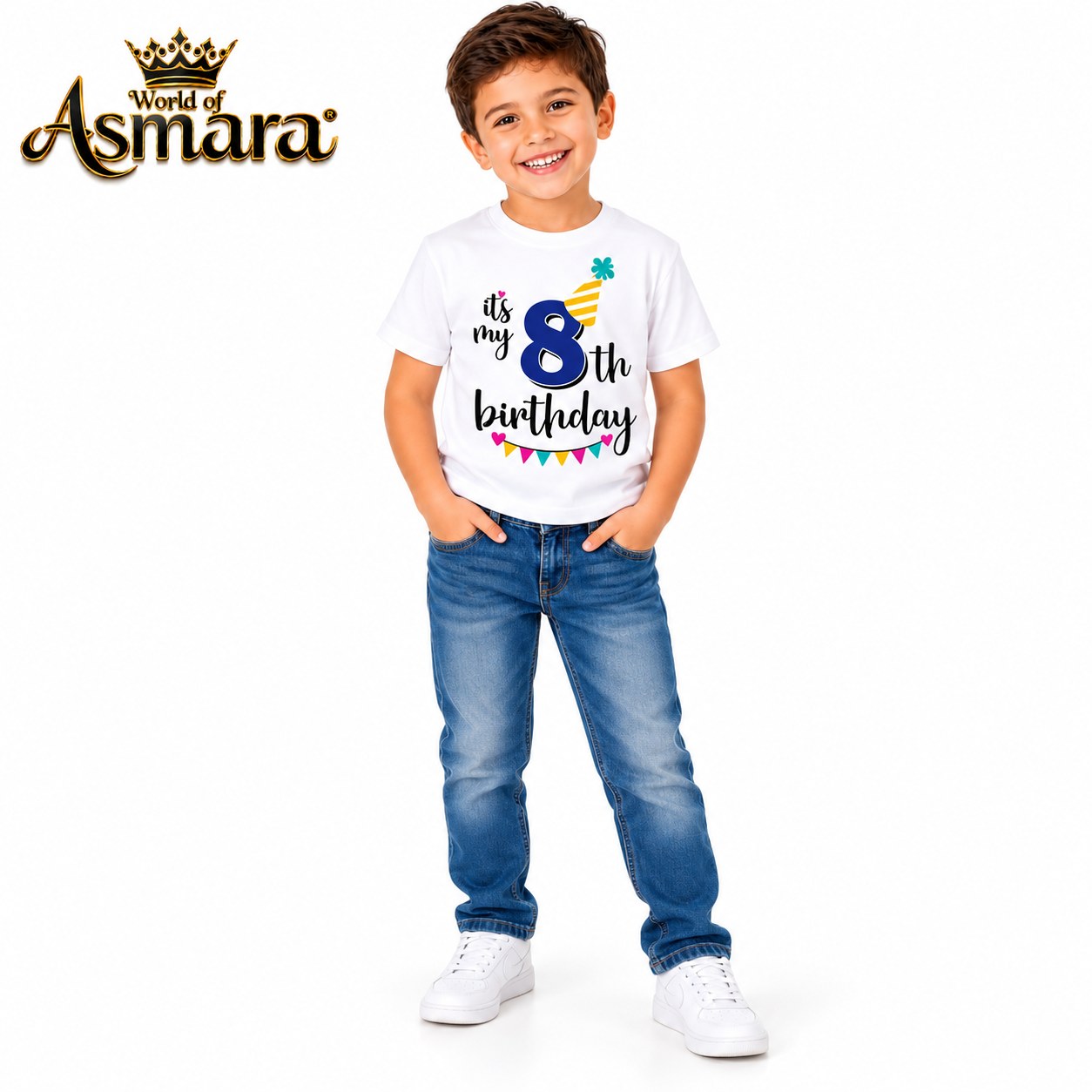 World of Asmara It's My 8th Birthday white T-shirt for boys, 8 years old model in blue jeans