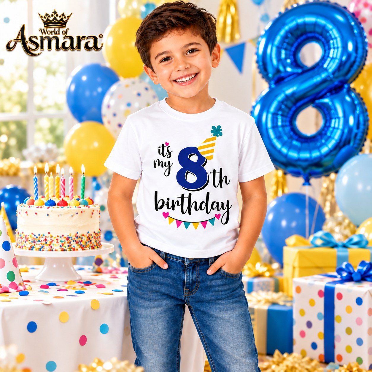 Boy wearing World of Asmara 8th birthday T-shirt at a birthday party