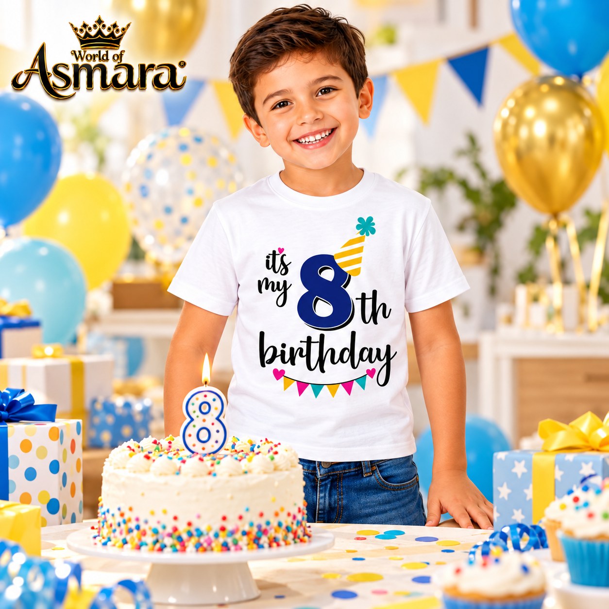 8 years old boy in 8th birthday T-shirt next to birthday cake