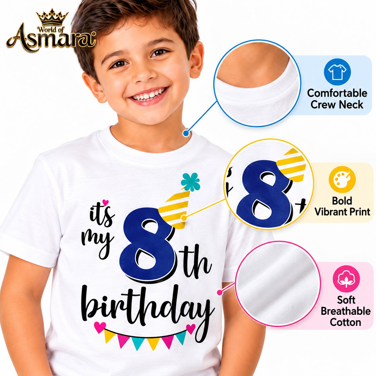 Close-up of It's My 8th Birthday print on soft cotton T-shirt
