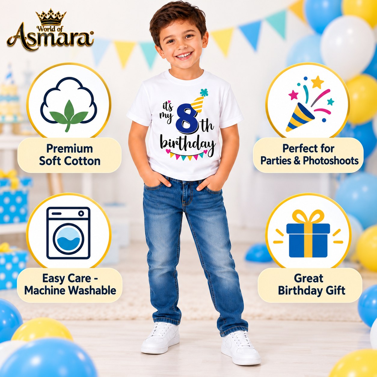 World of Asmara 8th birthday T-shirt features: soft cotton, machine washable, great gift