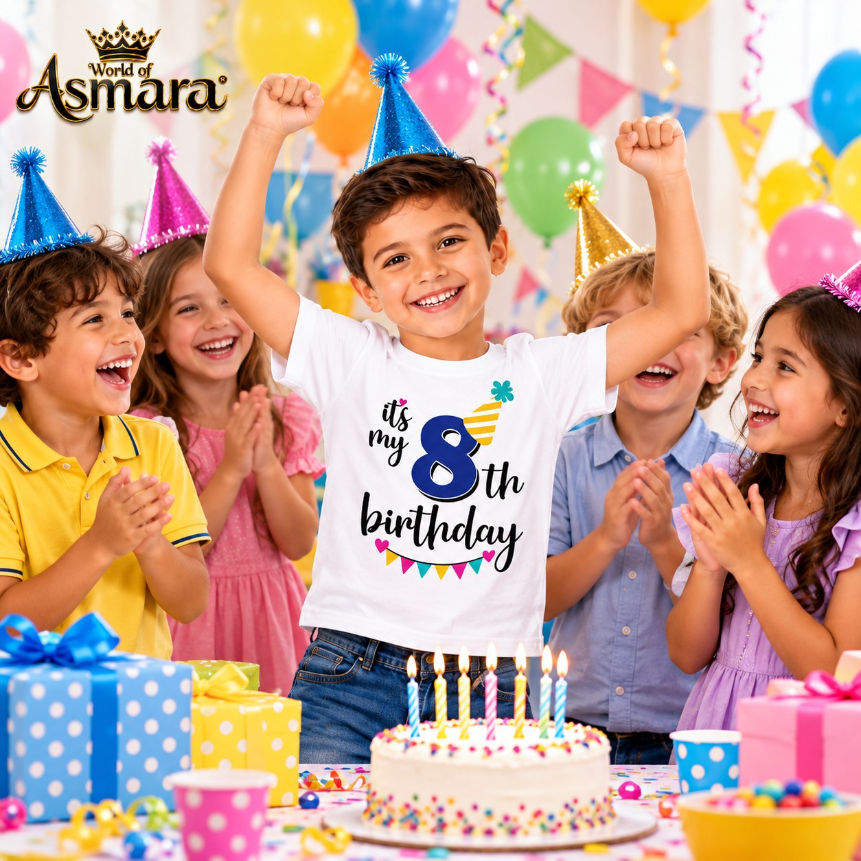 Boy celebrating 8th birthday with friends in World of Asmara T-shirt