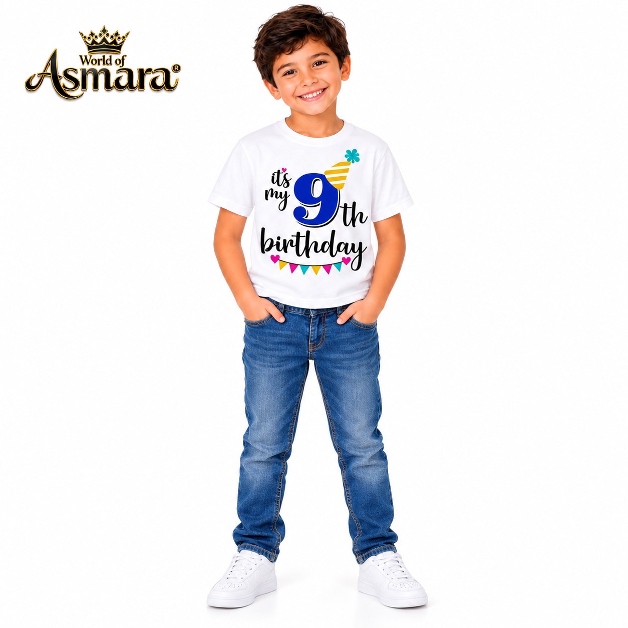 World of Asmara It's My 9th Birthday white T-shirt for boys, 9 years old model in blue jeans