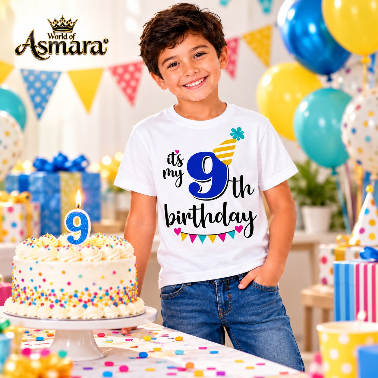 Boy wearing World of Asmara 9th birthday T-shirt at a birthday party