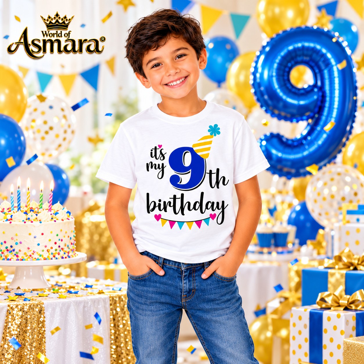9 years old boy in 9th birthday T-shirt next to birthday cake