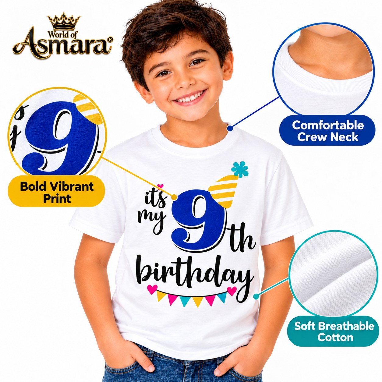 Close-up of It's My 9th Birthday print on soft cotton T-shirt