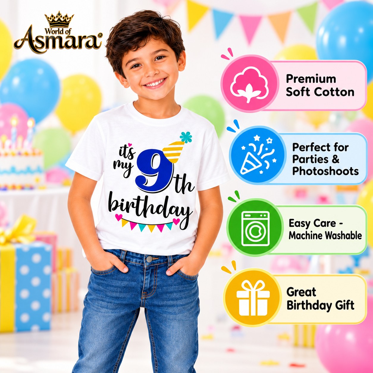 World of Asmara 9th birthday T-shirt features: soft cotton, machine washable, great gift