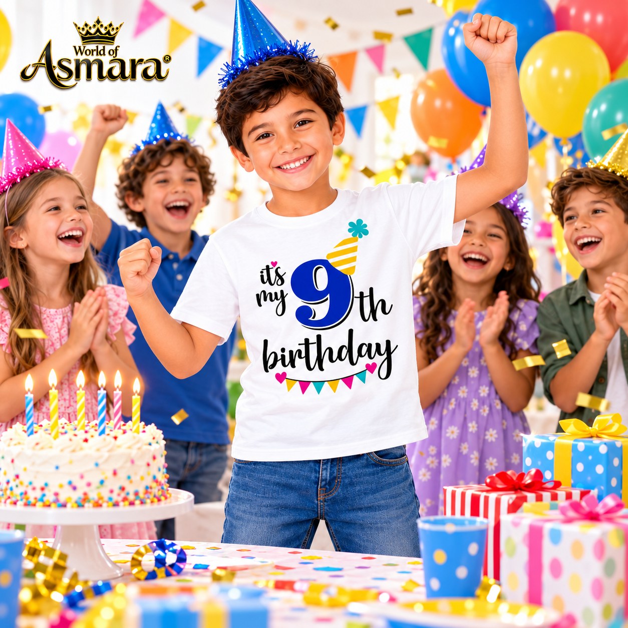 Boy celebrating 9th birthday with friends in World of Asmara T-shirt
