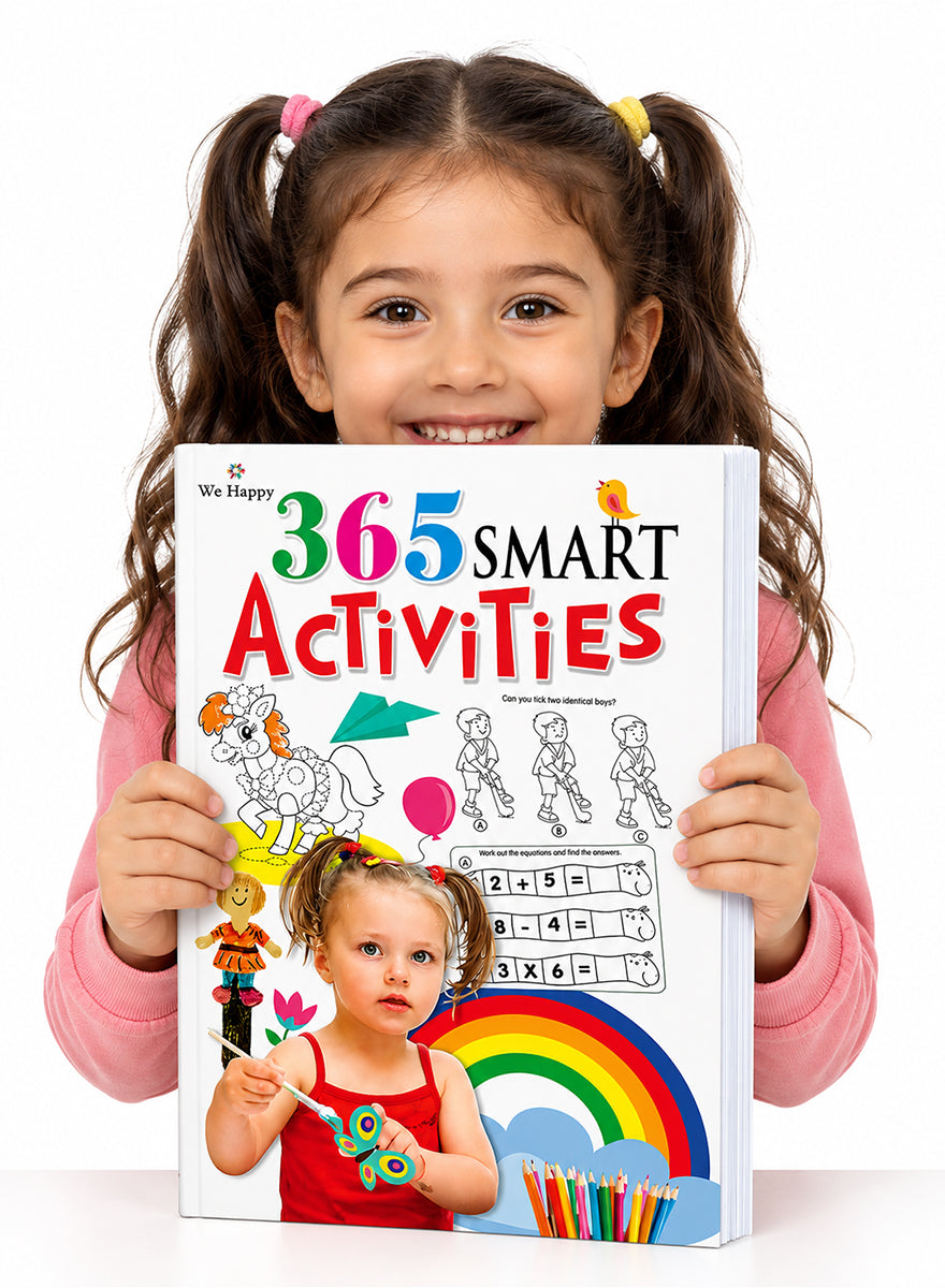 A young girl with pigtails holds a large copy of the 'We Happy 365 Smart Activities' book against a clean white background.
