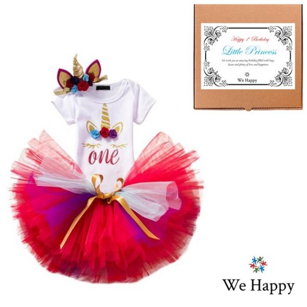 We Happy 1st Birthday Baby Girls Unicorn Party Dress | Princess Costume | Tutu Skirt-Romper-Unicorn Flower Headband 3 Pcs Set