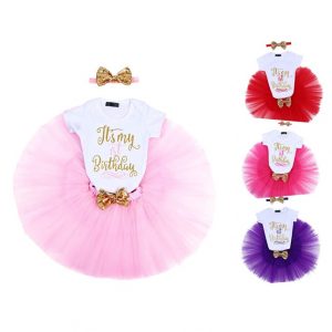 Baby Pink We Happy 1st Birthday Baby Girls Party Dress | Princess Costume | Romper-Skirt-Headband 3 Pcs Set