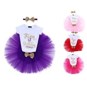 Purple We Happy 1st Birthday Baby Girls Party Dress | Princess Costume | Romper-Skirt-Headband 3 Pcs Set