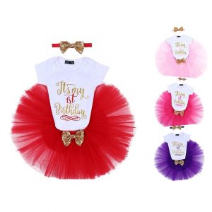 Red We Happy 1st Birthday Baby Girls Party Dress | Princess Costume | Romper-Skirt-Headband 3 Pcs Set