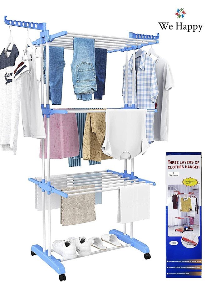 3 Layers Clothes Hanger with Wheels, Easy to Assemble Large Cloth Drying Rack Foldable Laundry Stand