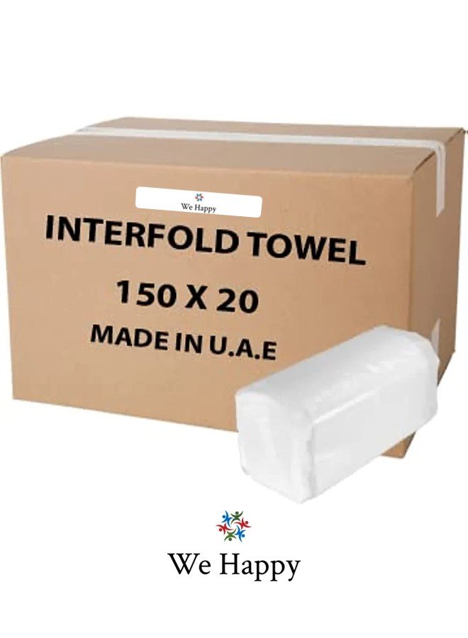 We Happy Best Quality Interfold Tissue Papers Disposable Hand Towel 3000 PCs Best to use in House, Offices, Hospitals or in Cars 150 Pcs x 20 Boxes
